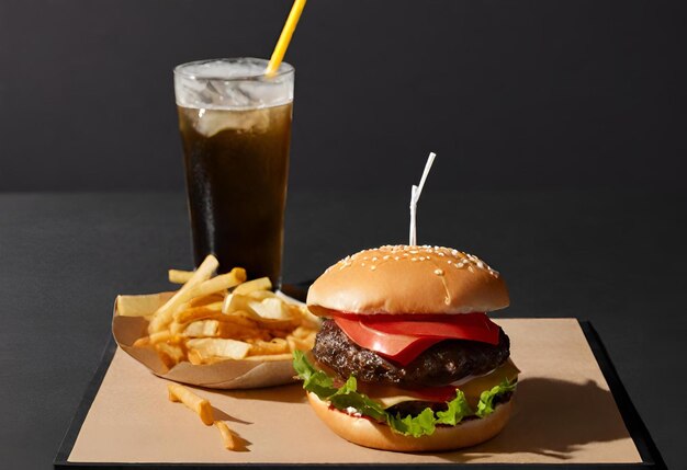 hamburger with cheese with fries and a drink
