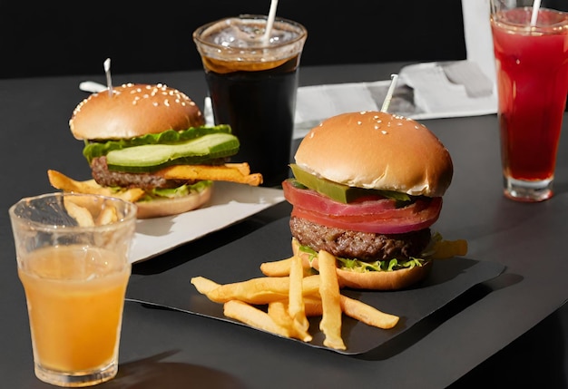 Photo hamburger with cheese with fries and a drink