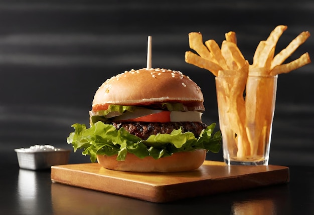 ハンバーガーとチーズとフライドポテトと飲み物