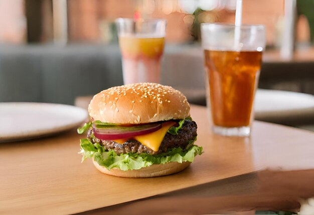 ハンバーガーとチーズとフライドポテトと飲み物