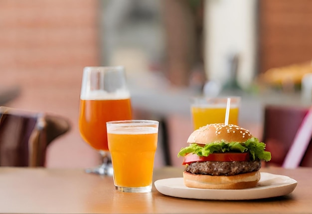 Photo hamburger with cheese with fries and a drink