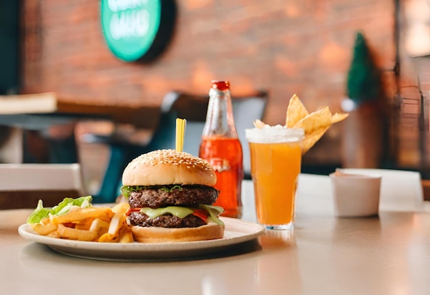 hamburger with cheese with fries and a drink