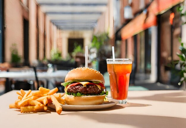 ハンバーガーとチーズとフライドポテトと飲み物