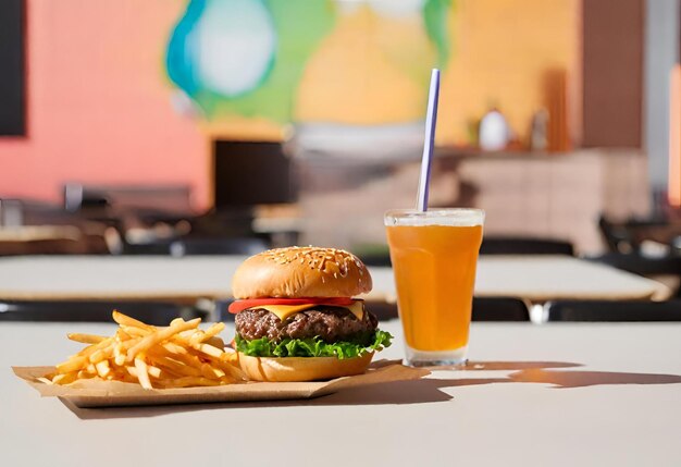 ハンバーガーとチーズとフライドポテトと飲み物