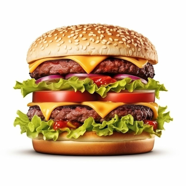 Photo a hamburger with a cheeseburger on it and a slice of tomato on the top