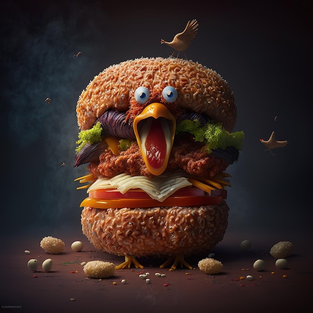 A hamburger with a chicken face and a cartoon face.