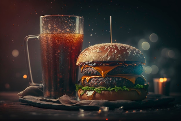 Hamburger with cola drink cinematic portrait