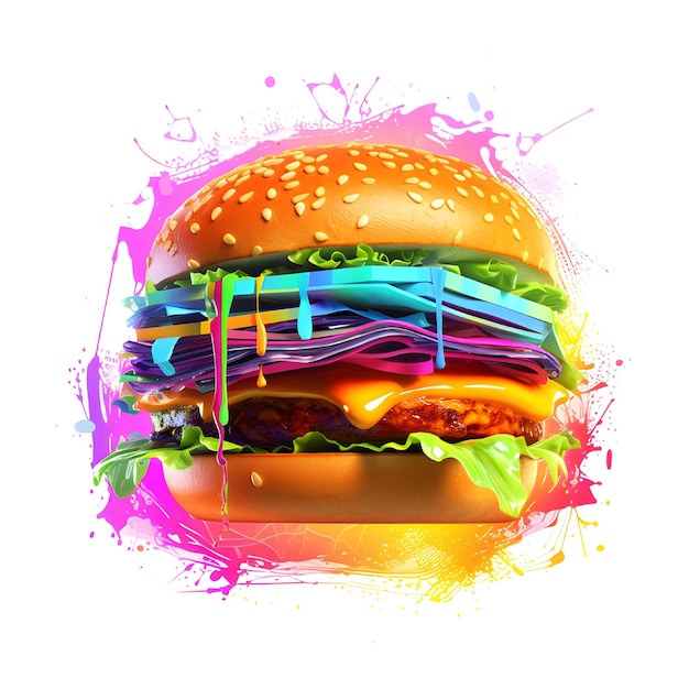 색 바탕에 다채로운 스프레이가 있는 햄버거 터 일러스트레이션 글리치 스타일 티셔츠
