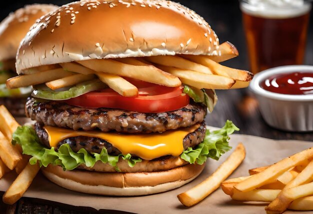 a hamburger with a cup of beer next to it