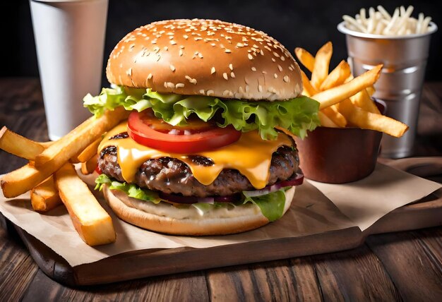 a hamburger with a cup of soda and fries on a table