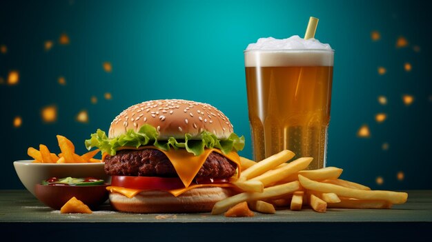 a hamburger with a drink and fries on the table.