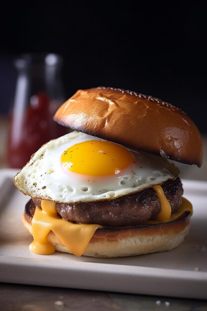 A hamburger with an egg on it and a ketchup bottle on the side.