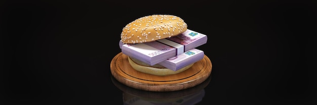 Hamburger with euro bank notes. 3d rendering