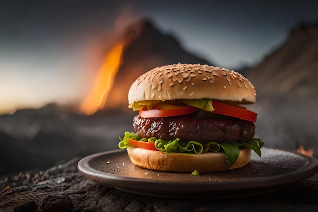 A hamburger with a fire in the background