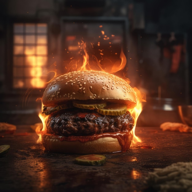 Hamburger with fire in the background