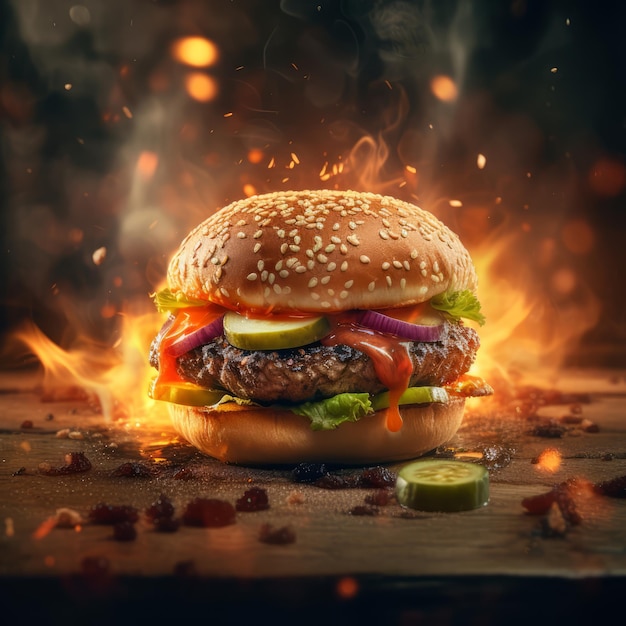 Hamburger with fire in the background