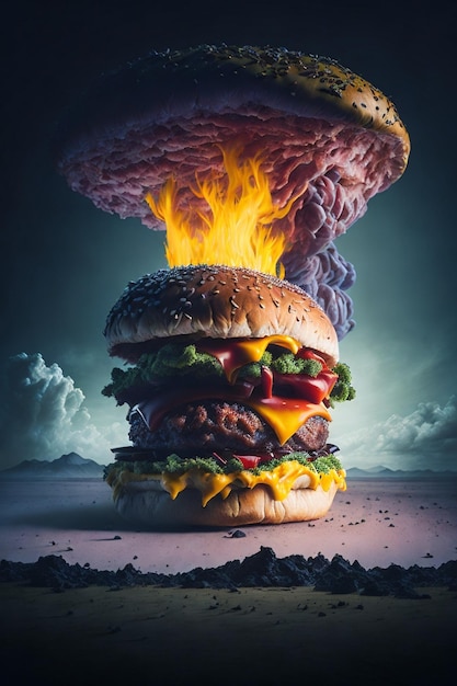 A hamburger with a fire in the background