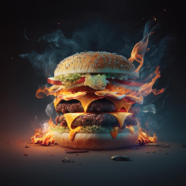 A hamburger with a fire burning on it