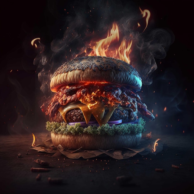 A hamburger with a fire on it