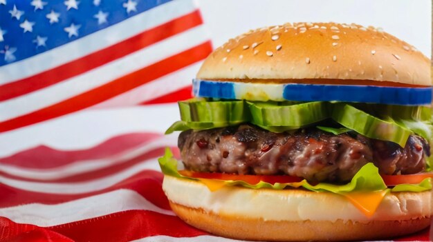 a hamburger with a flag behind it that says burger on it