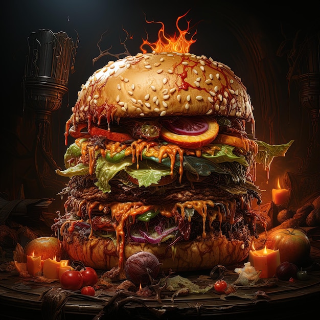 Photo a hamburger with a flame on it is in a dark room