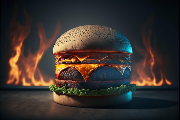 a hamburger with a flame on the top of it