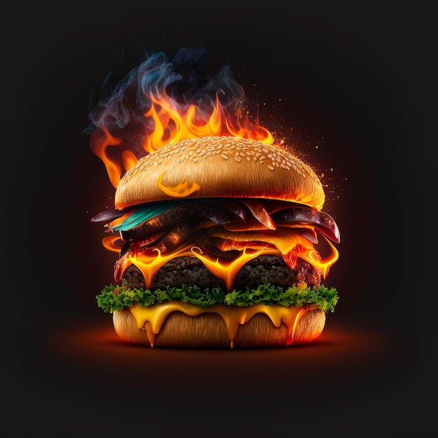 A hamburger with flames and flames on it