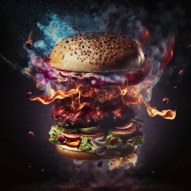 A hamburger with flames and smoke that says " burger ".