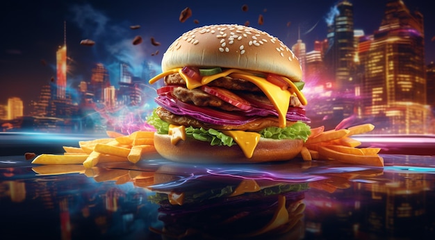 Hamburger with flying ingredients 3d rendering toned image