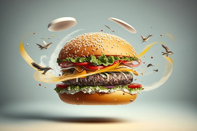 A hamburger with a flying sauce and tomato on it.