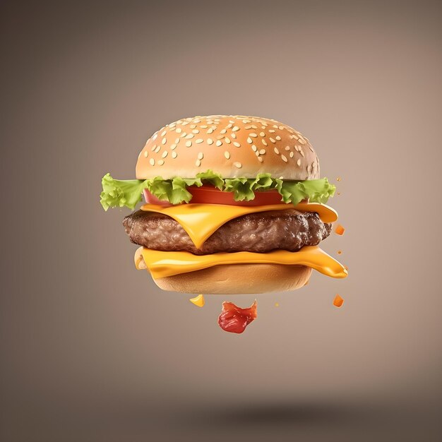 A hamburger with a flying sauce and a tomato on it.