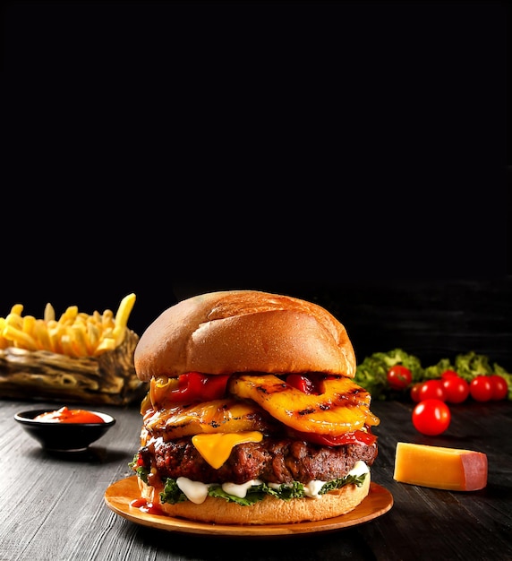 a hamburger with french fries and a box of fries on the table.