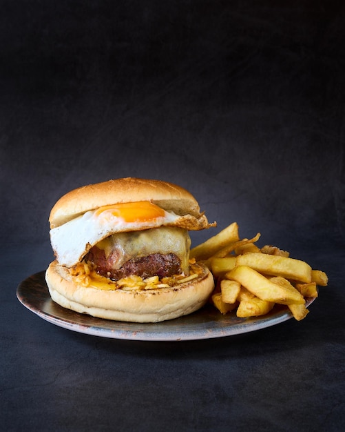 hamburger with french fries on chalkboard background