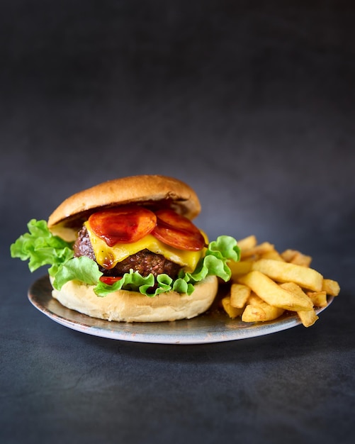 hamburger with french fries on chalkboard background