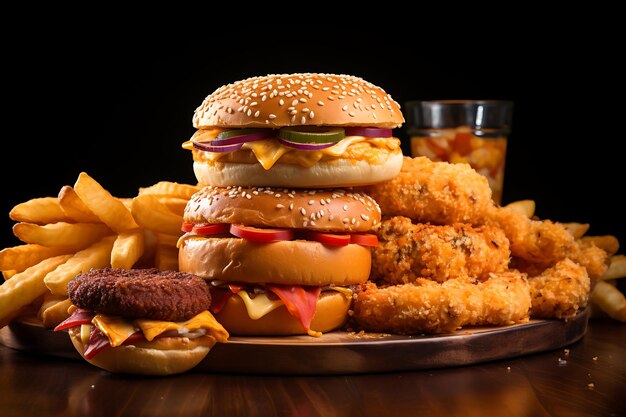 Hamburger with french fries and chicken nuggets on black background