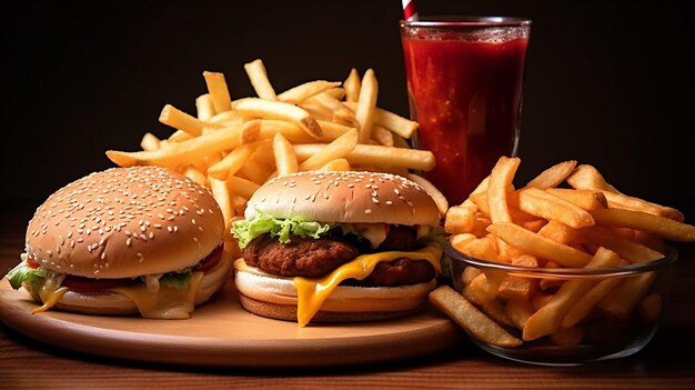 a hamburger with french fries and a drink