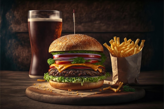 A hamburger with french fries and a glass of beer