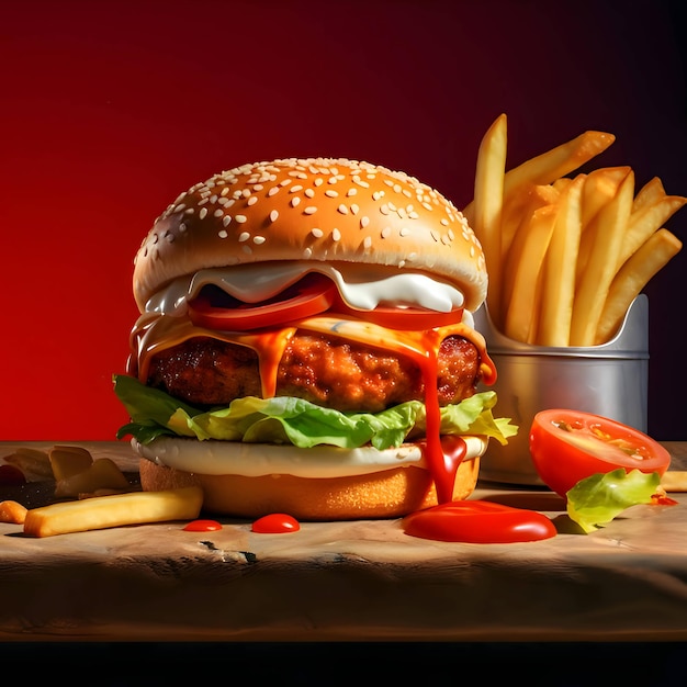 Гамбургер с картошкой фри и кетчупом на красном фоне