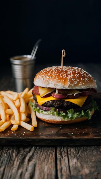 Hamburger with french fries on the table