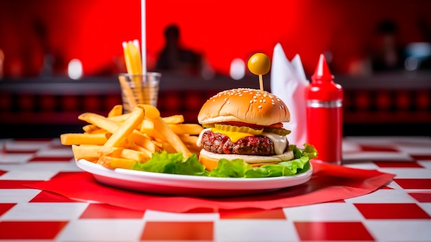 A hamburger with french fries