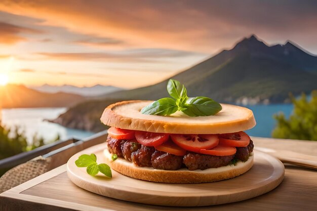 Hamburger with fresh strawberries on a wooden board with a sunset in the background