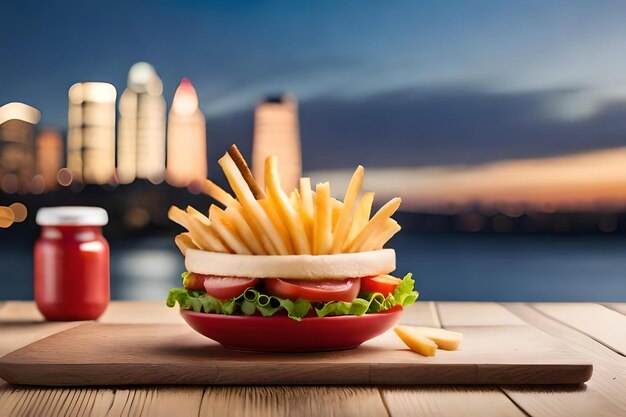 A hamburger with fries and a bottle of ketchup on a table