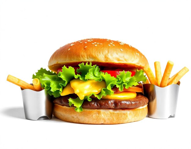 a hamburger with fries and a cup of fries a juicy and delicious cheeseburger on a golden sesame bun