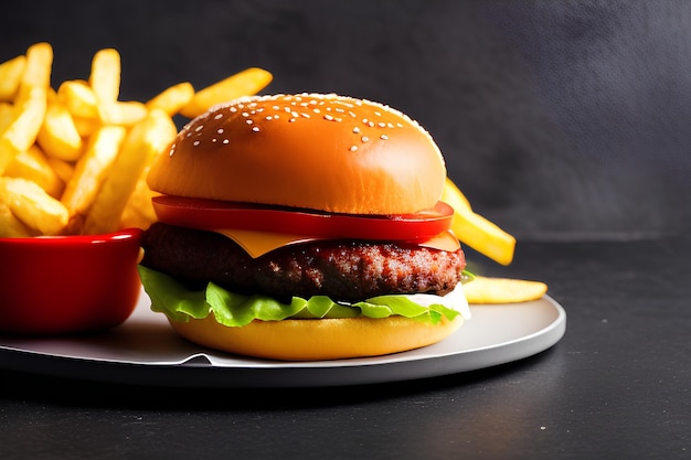 Hamburger with fries