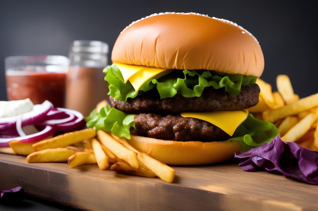 Hamburger with fries