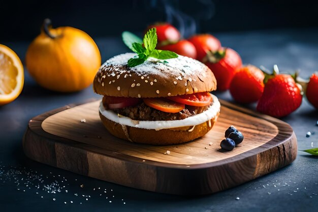 Photo a hamburger with a fruit on the top of it