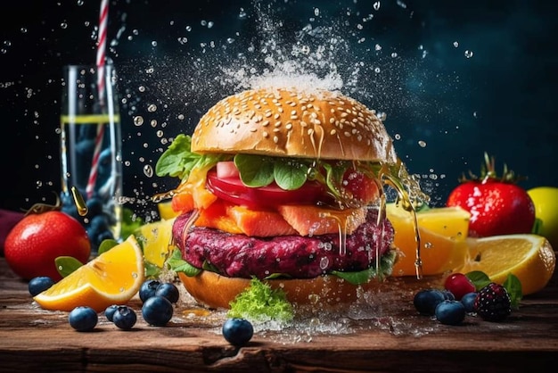 Photo a hamburger with fruit and vegetables is surrounded by water.