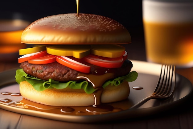 A hamburger with a glass of beer in the background