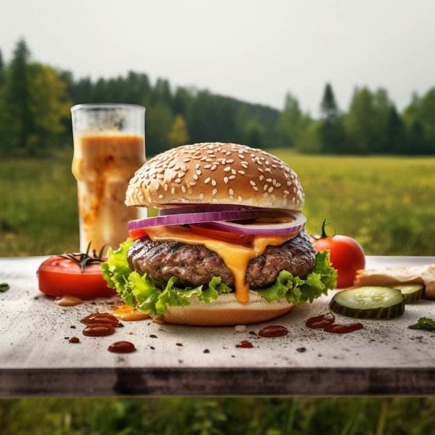 A hamburger with a glass of beer and a drink on a wooden board.