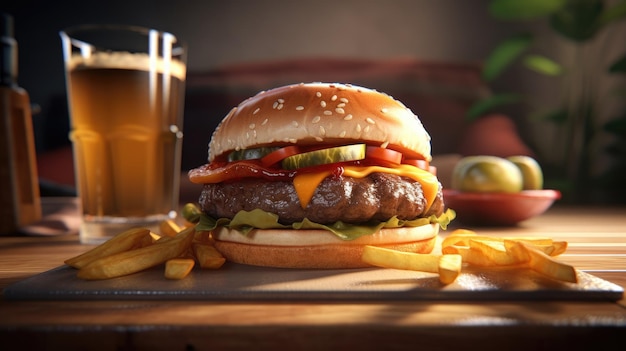 A hamburger with a glass of beer next to it